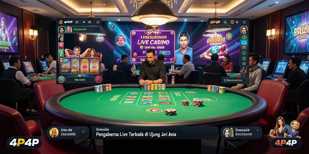 Screenshot gameplay menampilkan dealer langsung dan pemain interaktif.