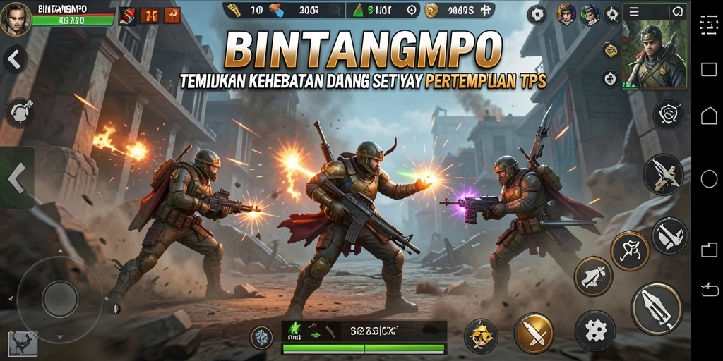 Screenshot BINTANGMPO menampilkan aksi tembak-menembak di medan perang yang dramatis.