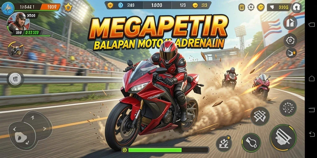 Screenshot gameplay MEGAPETIR dengan aksi balapan motor yang mendebarkan.