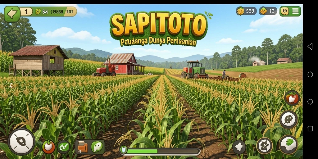 Screenshot dari gameplay <strong>SAPITOTO</strong> menunjukkan kebun yang indah dan hewan peliharaan yang menggemaskan.