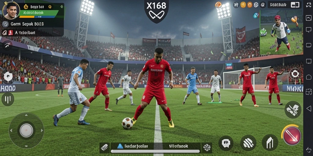 Screenshot X168 menunjukkan aksi seru pemain di lapangan sepak bola.